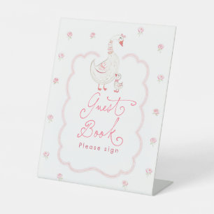 Dwaas Gans Roze Bloemachtig Baby Shower Gastboek Reclamebord Met Voetstuk