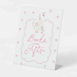 Dwaas Gans Roze Bloemige Baby Shower Boeken & Cade Reclamebord Met Voetstuk