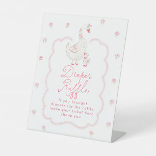 Dwaas Gans Roze Bloemige Baby Shower Luier Raffle Reclamebord Met Voetstuk
