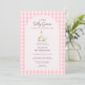 Dwaas Gans Roze Gingham Baby Shower Kaart (Staand voorkant)