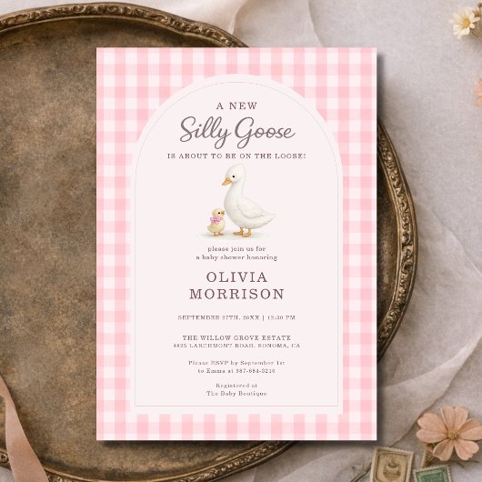 Dwaas Gans Roze Gingham Baby Shower Kaart