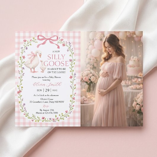 Dwaas Gans Roze Gingham Baby Shower Uitnodiging