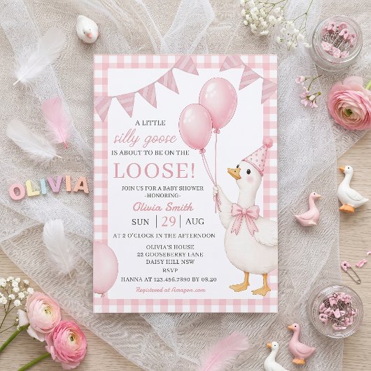Dwaas Gans Roze Gingham Baby Shower Uitnodiging