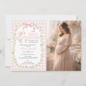 Dwaas Gans Roze Gingham Baby Shower Uitnodiging (Voorkant)