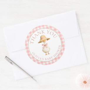 Dwaas Gans Roze Gingham Bedankt Baby Shower Ronde Sticker