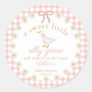 Dwaas Gans Roze Gingham Cottagecore Baby Shower  Ronde Sticker