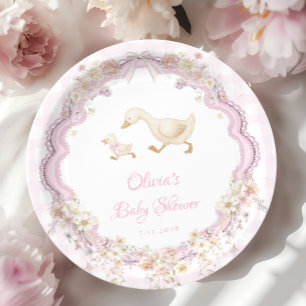 Dwaas Gans Roze Gingham Meisje Baby Shower Papieren Bordje