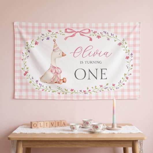 Dwaas Gans Roze Gingham Meisje Verjaardag Spandoek