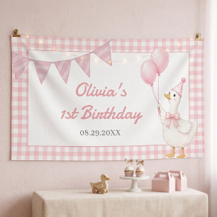 Dwaas Gans Roze Gingham Meisje Verjaardag Spandoek