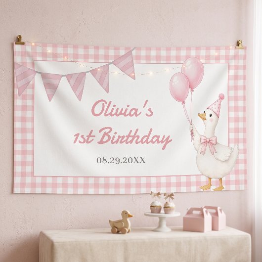 Dwaas Gans Roze Gingham Meisje Verjaardag Spandoek