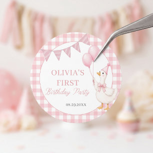 Dwaas Gans Roze Gingham Meisje Verjaardagssticker Ronde Sticker