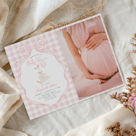 Dwaas Gans Roze Strik Meisje Baby Shower Foto Kaart