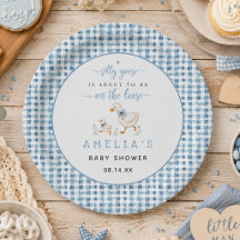 Dwaas Gans Stofblauwe Gingham Baby Jongens Shower