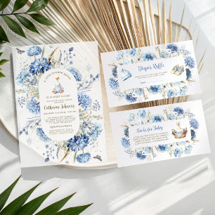 Dwaas Gansje Blauw Bloemengingham Baby Shower Kaart