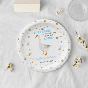 Dwaas Gansje Blauwe Aquarel Jongens Baby Shower Papieren Bordje
