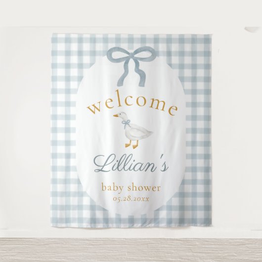 Dwaas Gansje Blauwe Baby Shower Welkom Achtergrond Wandkleed (Voorkant)