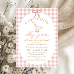 Dwaas Gansje Blush Roze Strik Gingham Baby Shower Kaart