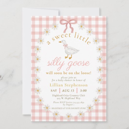 Dwaas Gansje Roze Strik Madeliefjes Gingham Baby S Kaart (Voorkant)