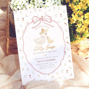 Dwaas Gansje Roze Strik Wilde Bloem Baby Shower Folie Uitnodiging