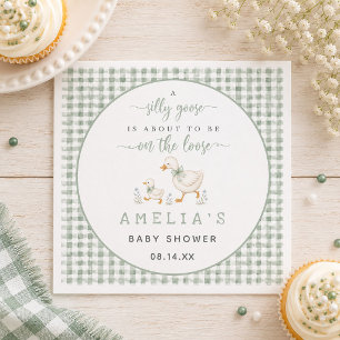 Dwaas Gansje Salie Groen Gingham Baby Shower Servet