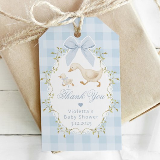 Dwaas Ganzen Blauw Gingham Dank je Cadeaulabel