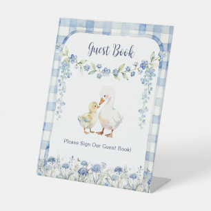 Dwaas Ganzen Blauwe Bloemengingham Gastboek Reclamebord Met Voetstuk