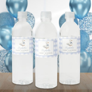 Dwaas Klein Gans Blauw Gingham Baby Shower Waterfles Etiket