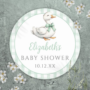 Dwaas Klein Gans Groen Gingham Baby Shower Ronde Sticker