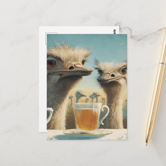 Dwaas Struisvogel Theetijd Briefkaart (Voorkant / Achterkant in situ)