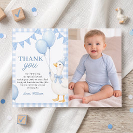Dwaasachtige Gans blauwe Gingham Verjaardag Bedank Bedankkaart