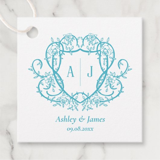 Dwalende Roos Turquoise Monogram Wapen Huwelijk Bedankjes Labels (Voorkant)