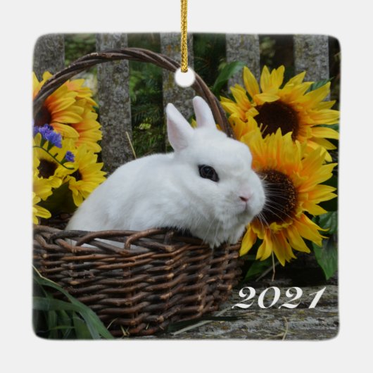 Dwarf Hotot Bunny Rabbit met zonnebloemen Keramisch Ornament (Achterkant)