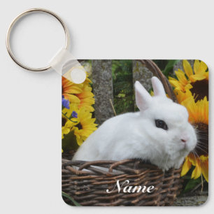 Dwarf Hotot Bunny Rabbit met zonnebloemen Sleutelhanger