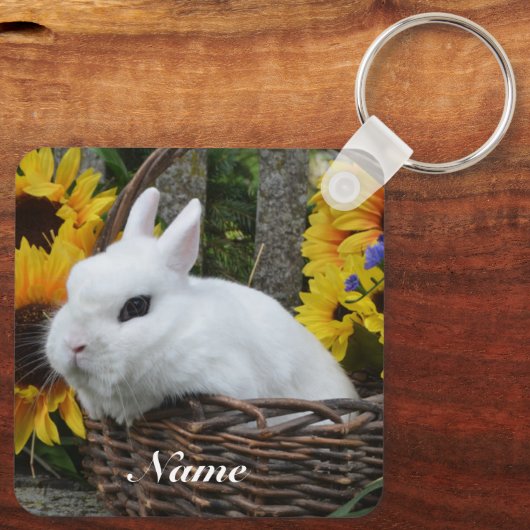 Dwarf Hotot Bunny Rabbit met zonnebloemen Sleutelhanger (Achterkant)