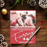 Dwars kerstrood met foto's en witte poten briefkaart<br><div class="desc">Dit kerstwenskaart is perfect voor elk hondenliefhebber! Het is voorzien van de foto van een leuke franse bulldog puppy met kerstcadeautjes en kerstversieringen. De witte tekst op een rode feestachtergrond zegt: "Moge je dagen fijn en helder zijn"</div>