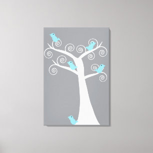 Dwaze Blauwe Vogels Grijze Wervelboom Canvas Afdruk