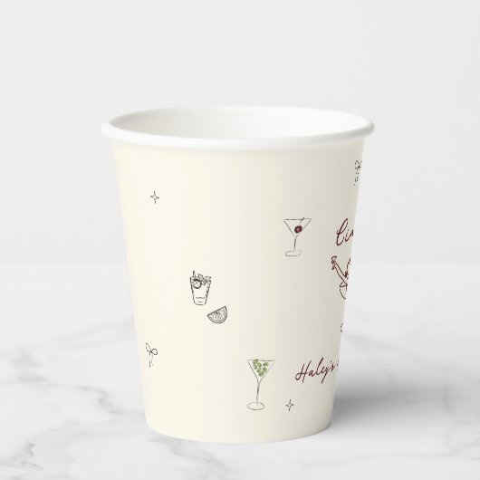 Dwaze bordeauxrode handgetekende Cin Cin Martini Papieren Bekers (Voorkant)