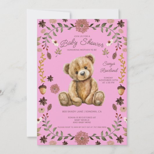 Dwaze Bos Teddybeer Roze Baby Shower Kaart (Voorkant)