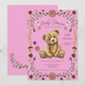 Dwaze Bos Teddybeer Roze Baby Shower Kaart (Voorkant / Achterkant)