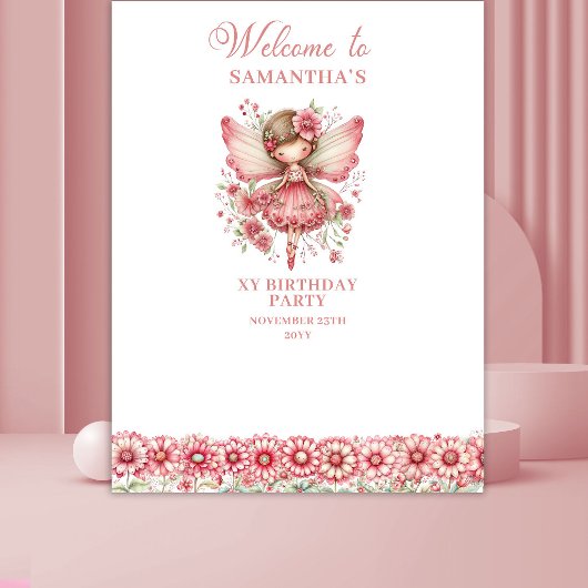 Dwaze Fee Roze Blos 1e Verjaardag Achtergrond Wandkleed