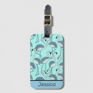 Dwaze Gestreepte Turquoise Flamingo's Patroon Bagagelabel