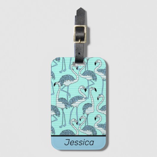 Dwaze Gestreepte Turquoise Flamingo's Patroon Bagagelabel (Voorkant (verticaal))