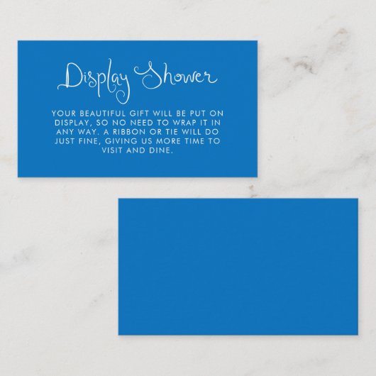 Dwaze handgeschreven blauwe displaydouche informatiekaartje (Voorkant / Achterkant)