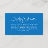 Dwaze handgeschreven blauwe displaydouche informatiekaartje (Voorkant)