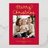 Dwaze Script Boog Rode Kerst 2 Foto Folie Feestdagenkaart (Voorkant)