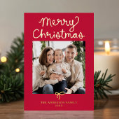 Dwaze Script Boog Rode Kerst 2 Foto Folie Feestdagenkaart