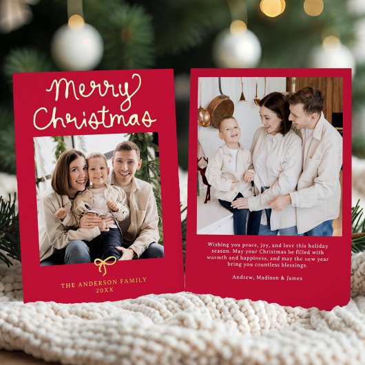 Dwaze Script Boog Rode Kerst 2 Foto Folie Feestdagenkaart