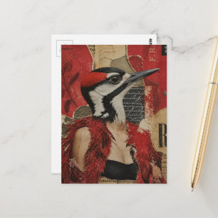 Dwaze specht in een zwarte jurk mixed media kunst briefkaart