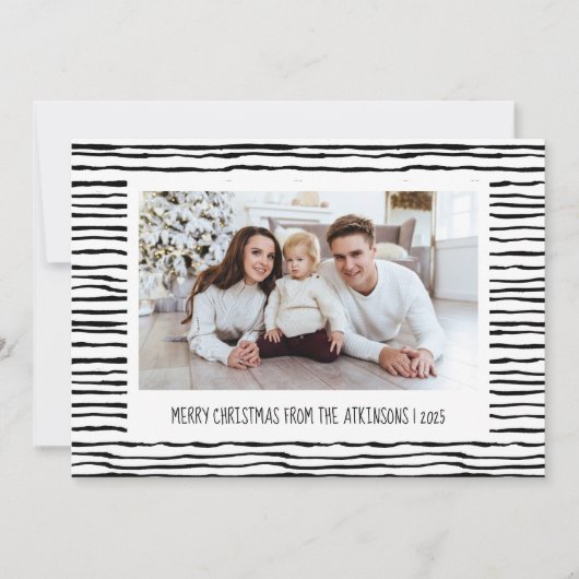 Dwaze Strepen Zwart Wit Foto Kerstmis Feestdagenkaart (Voorkant)