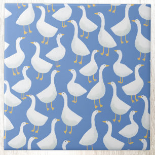 Dwaze Witte Gans Blauwe Cottagecore Patroon Tegeltje